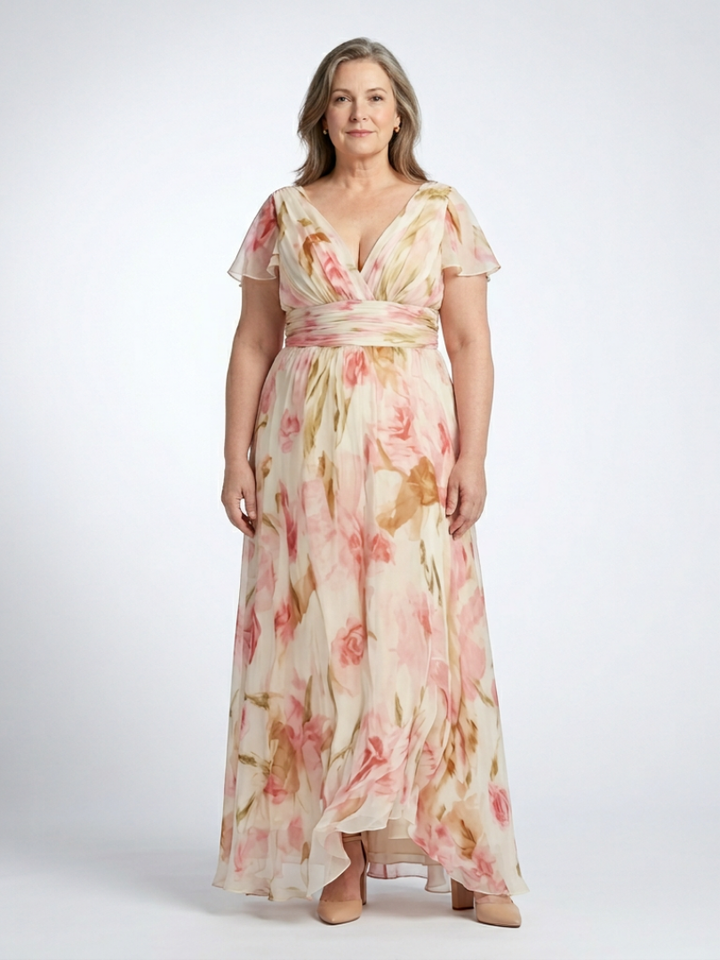 Elara | Vestido Maxi Floral de Manga Corta en V