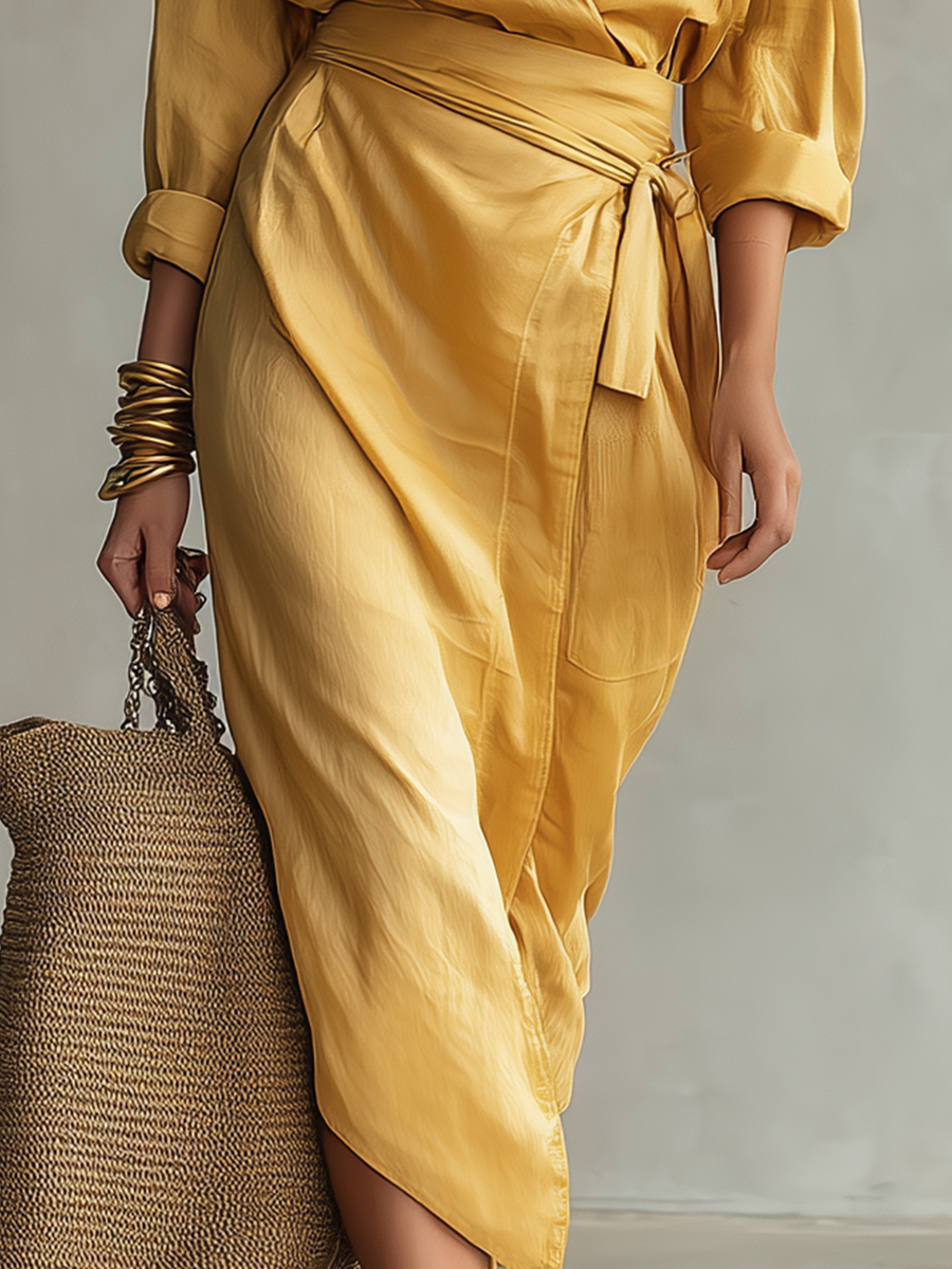 Vestido midi tipo envolvente lujoso con cintura anudada