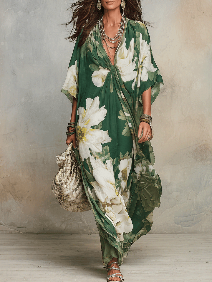 Robe longue bohème fluide Émeraude Fleur