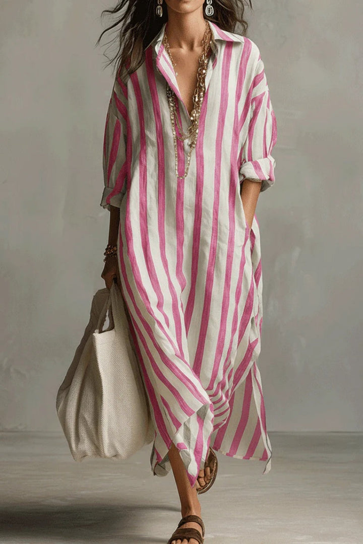 Vestido largo bohemio estilo camisa a rayas casual