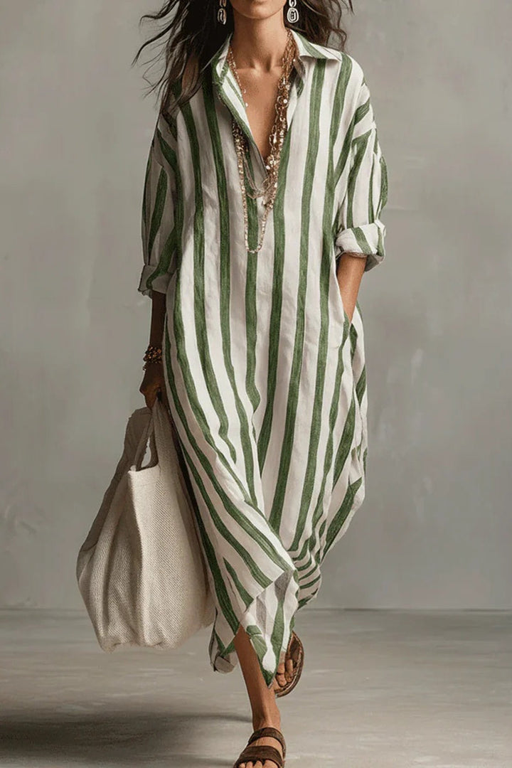 Vestido largo bohemio estilo camisa a rayas casual