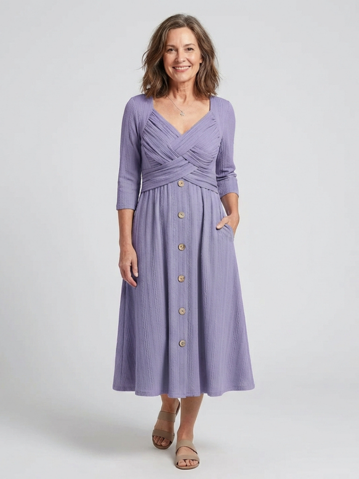 Isolde | Vestido midi de botonera con cuello en V y plisado cruzado