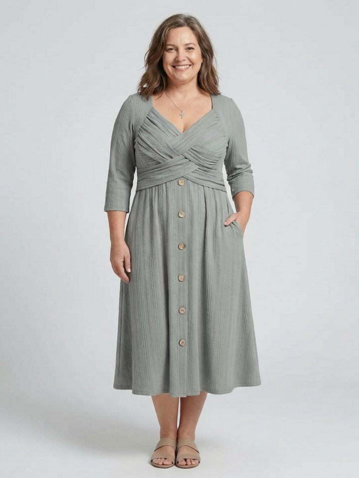Isolde | Vestido midi de botonera con cuello en V y plisado cruzado