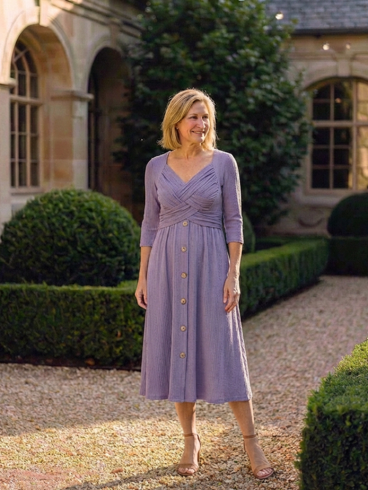 Isolde | Vestido midi de botonera con cuello en V y plisado cruzado