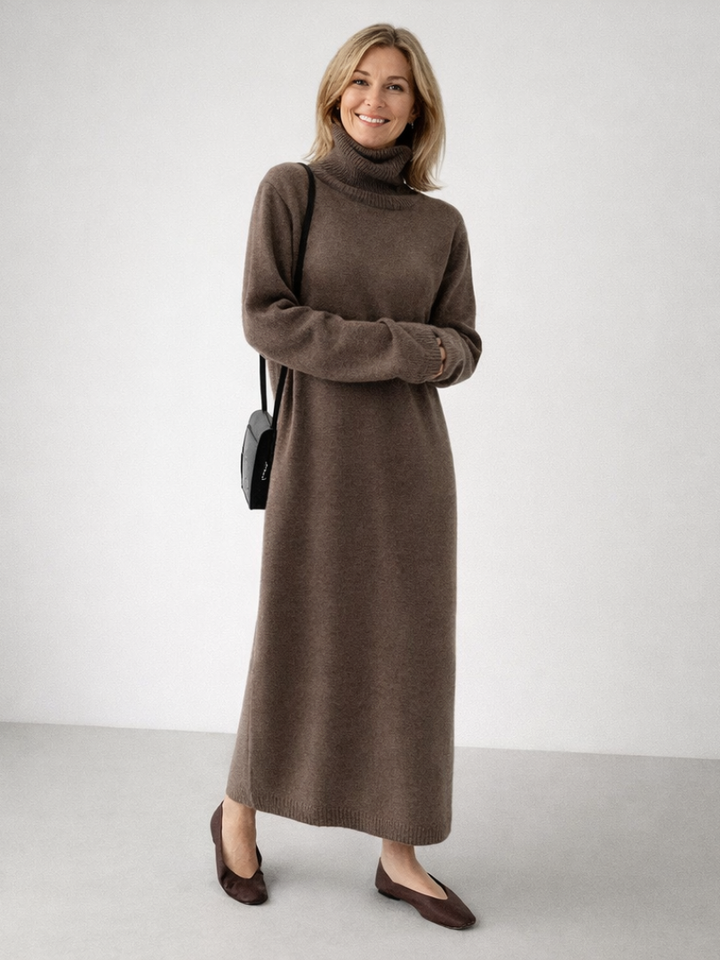 Lena | Vestido Maxi de Punto con Cuello Alto Relajado