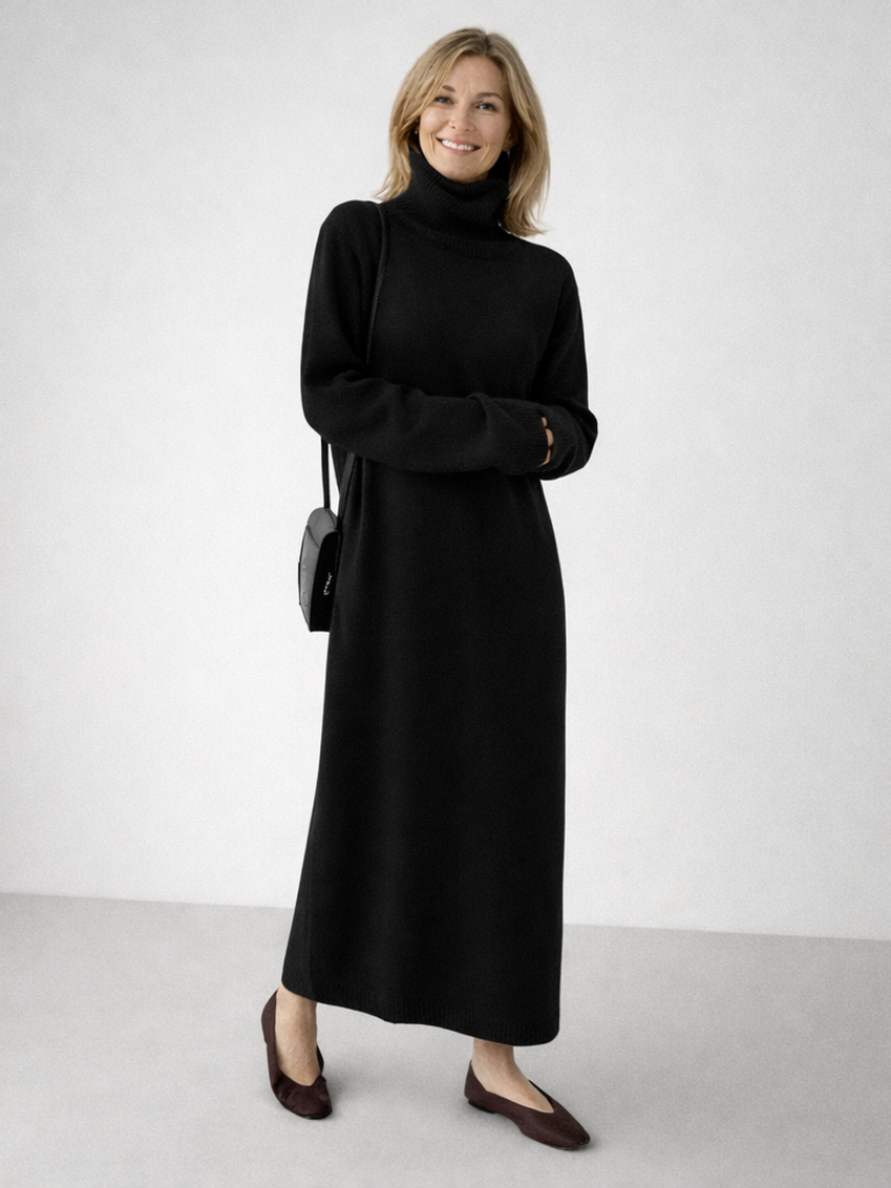 Lena | Vestido Maxi de Punto con Cuello Alto Relajado