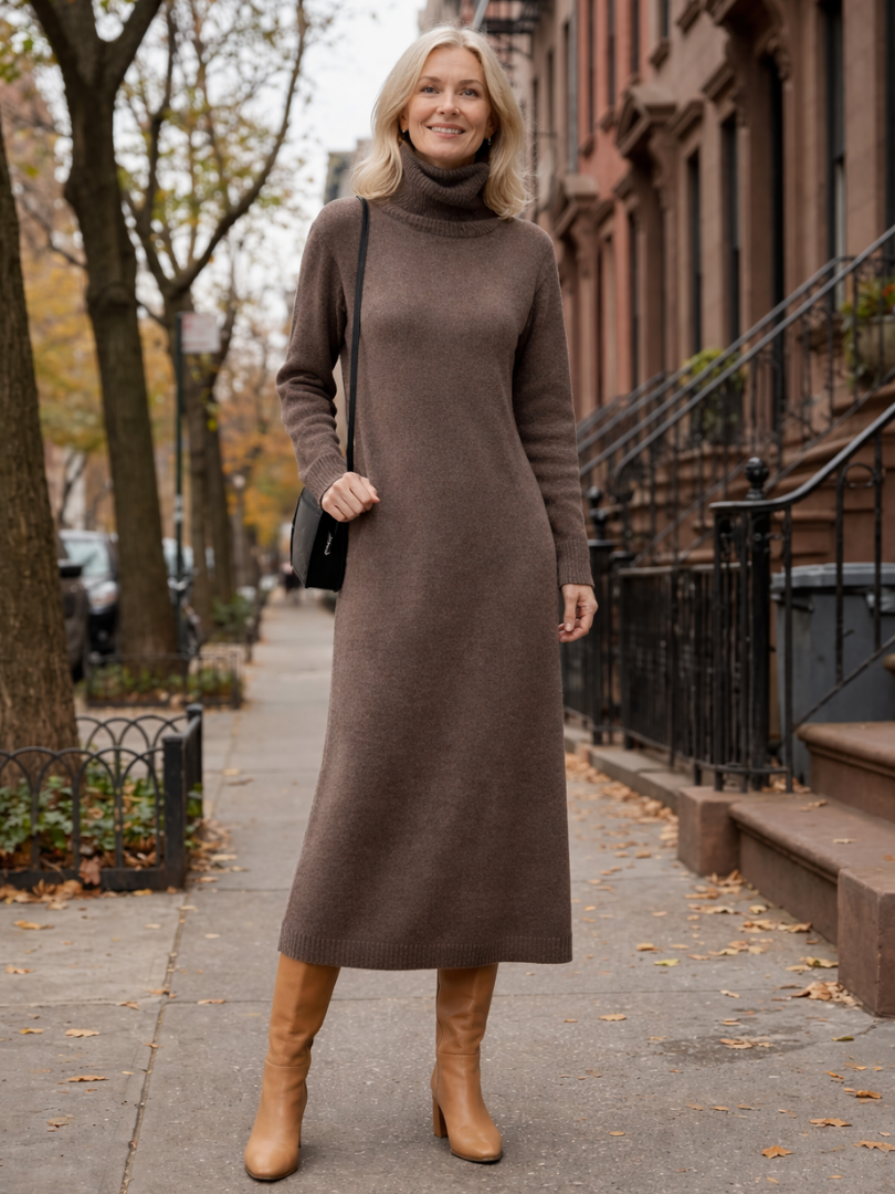 Lena | Vestido Maxi de Punto con Cuello Alto Relajado