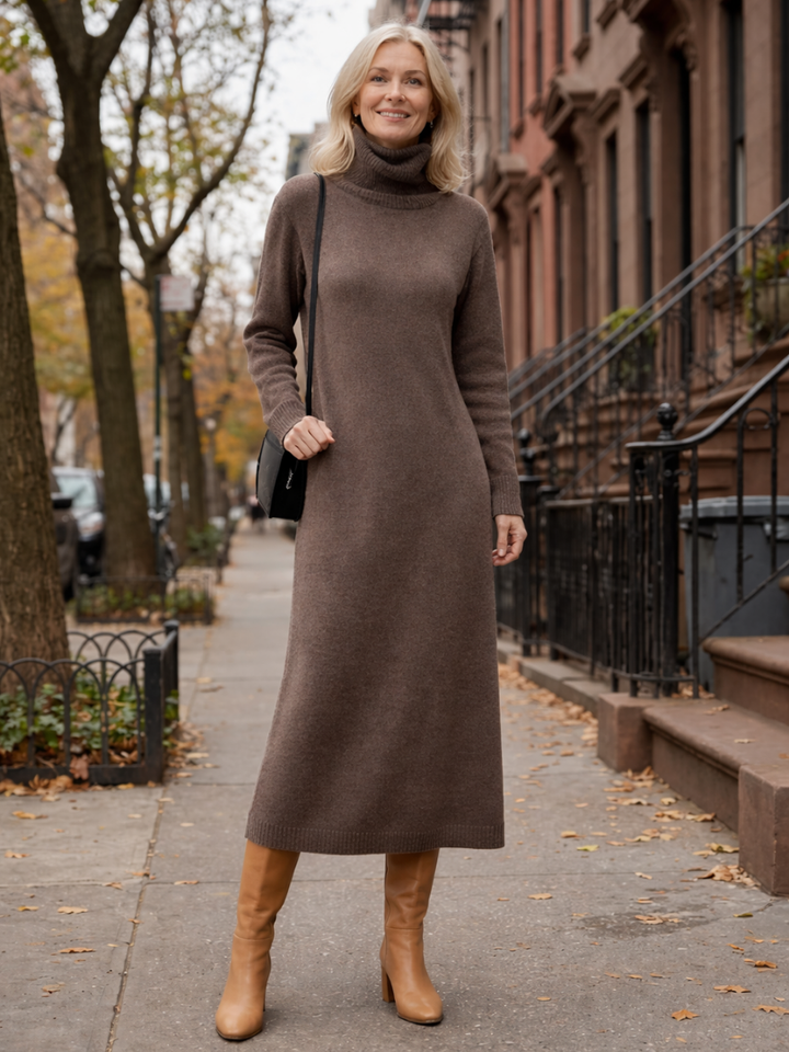 Lena | Vestido Maxi de Punto con Cuello Alto Relajado