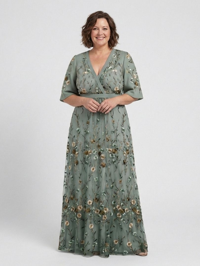Evadne | Vestido Maxi de Flores con Escote en V y Manga Corta