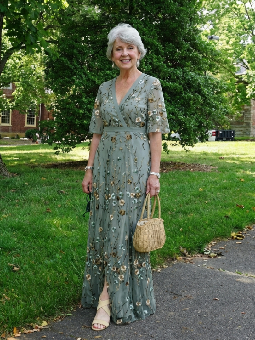 Evadne | Vestido Maxi de Flores con Escote en V y Manga Corta