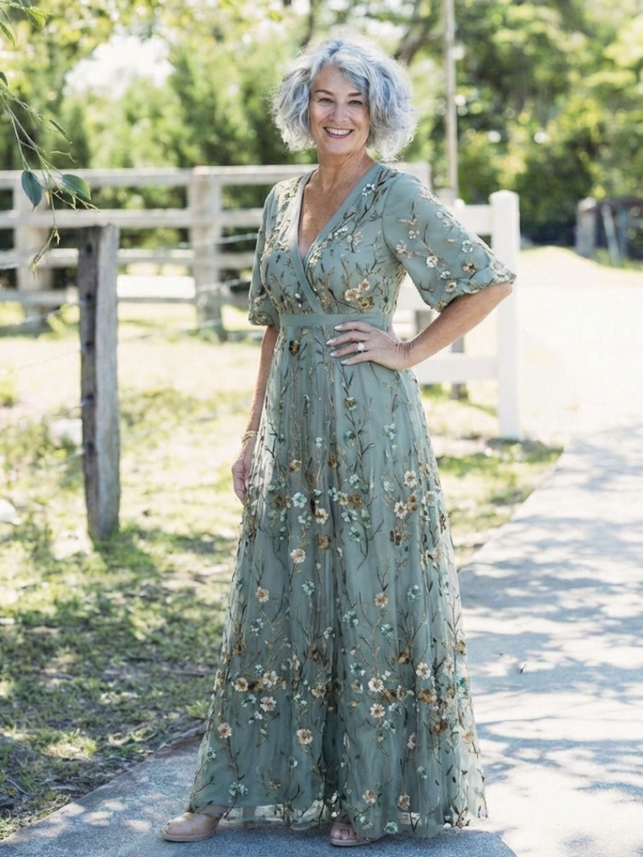 Evadne | Vestido Maxi de Flores con Escote en V y Manga Corta