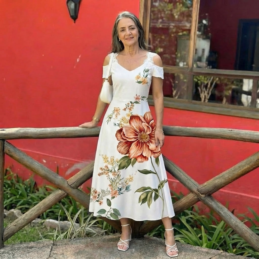 Camila | Vestido Midi A-Line Floral con Hombros Descubiertos