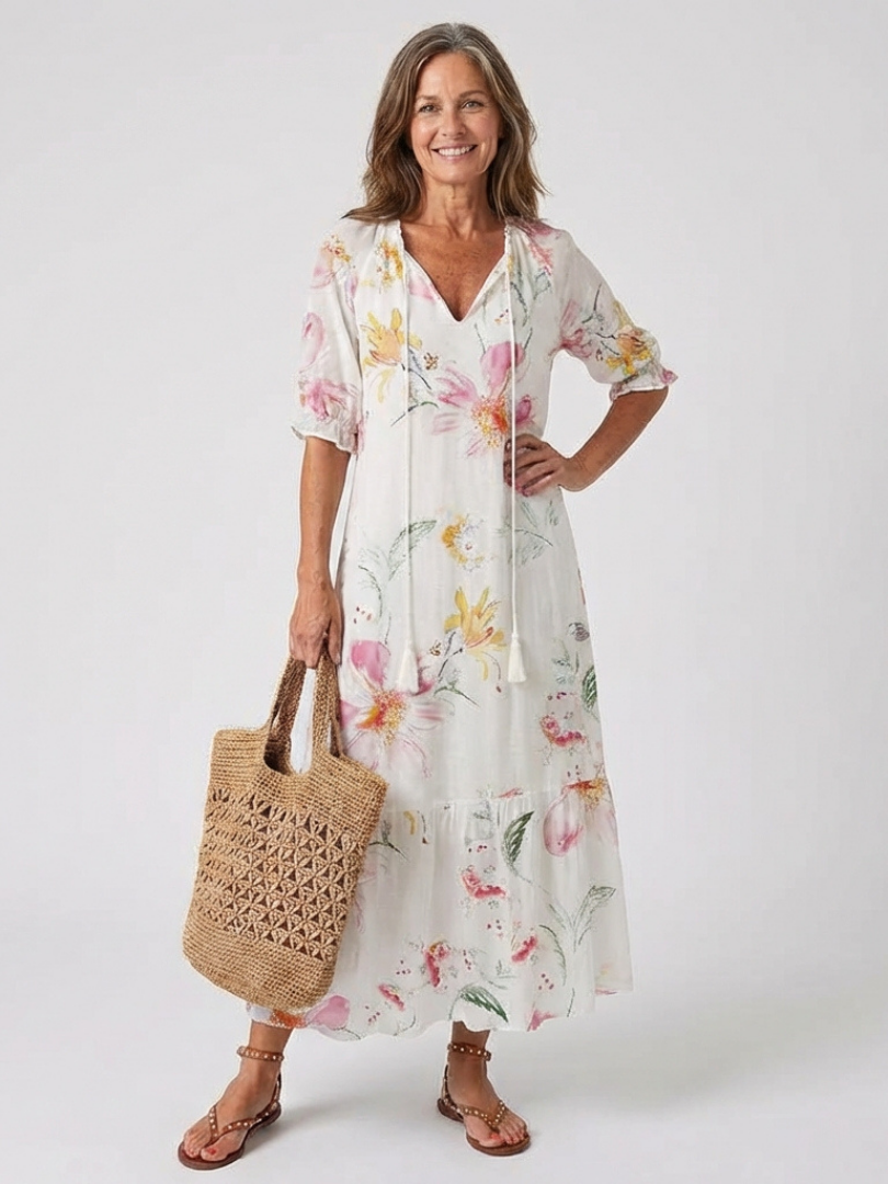 Lillian | Vestido Midi de Manga Corta con Escote en V Floral