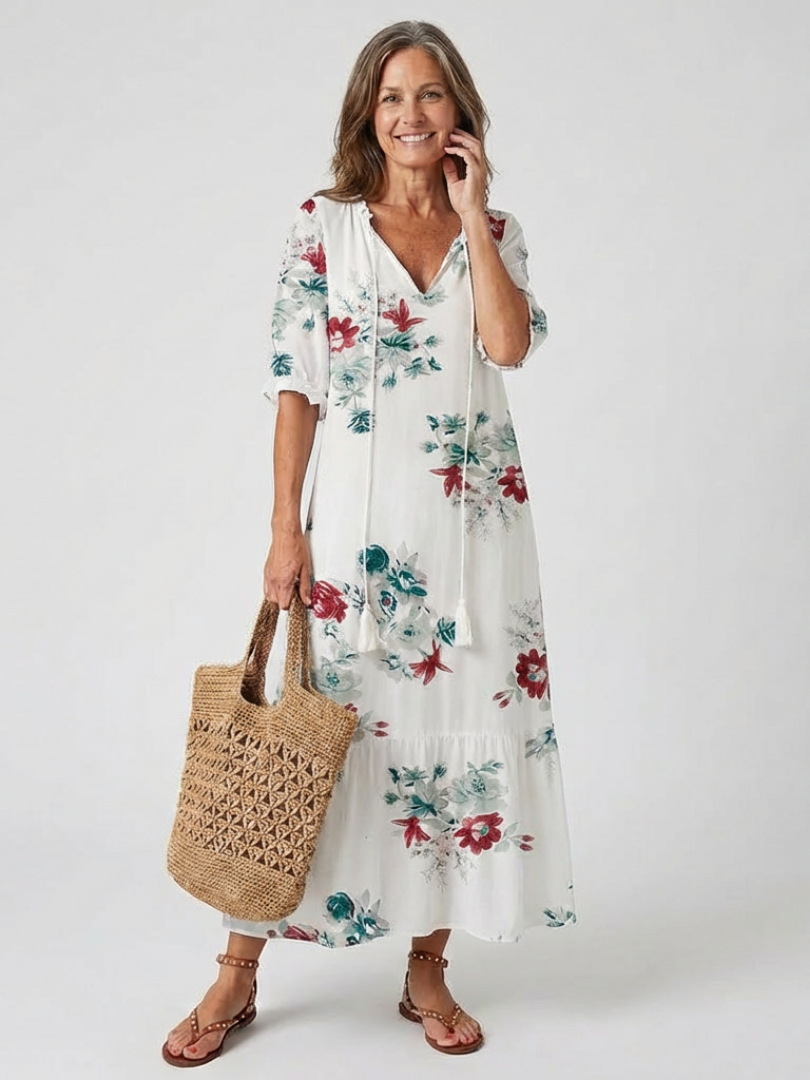 Lillian | Vestido Midi de Manga Corta con Escote en V Floral