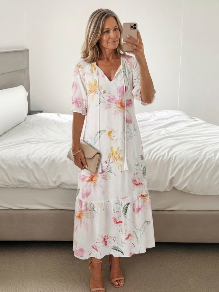 Lillian | Vestido Midi de Manga Corta con Escote en V Floral