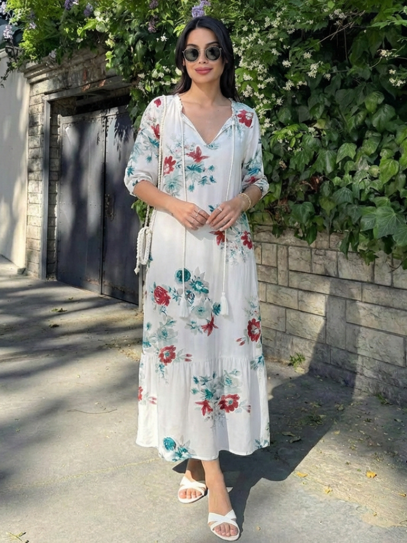 Lillian | Vestido Midi de Manga Corta con Escote en V Floral