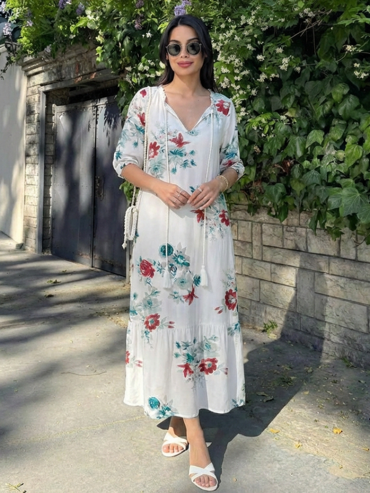 Lillian | Vestido Midi de Manga Corta con Escote en V Floral