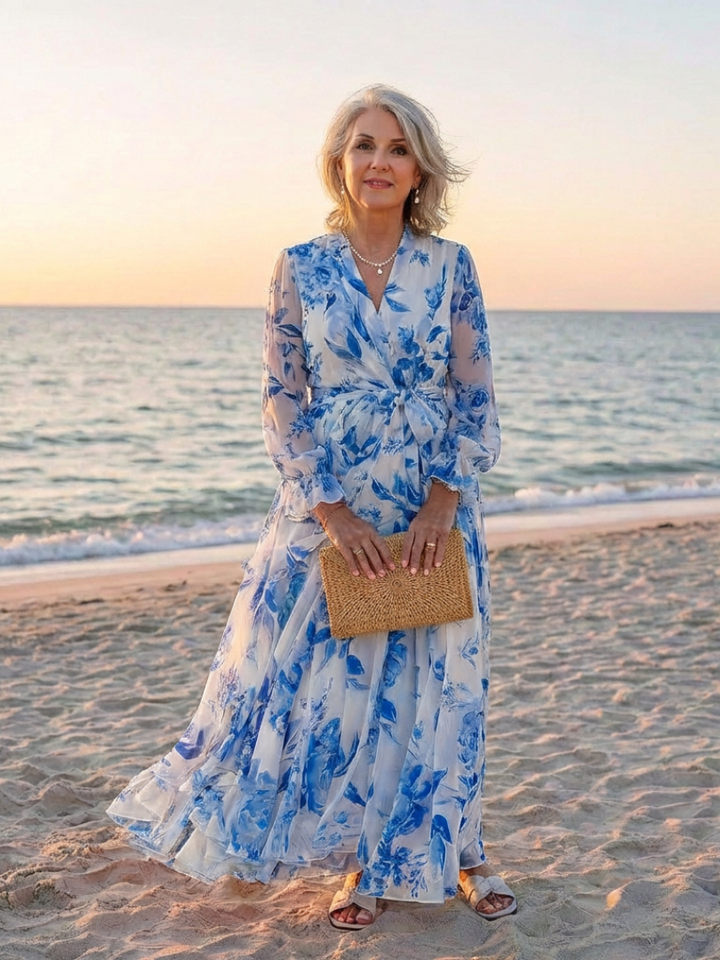 Lillian | Vestido Maxi Envoltura de Manga Larga Floral