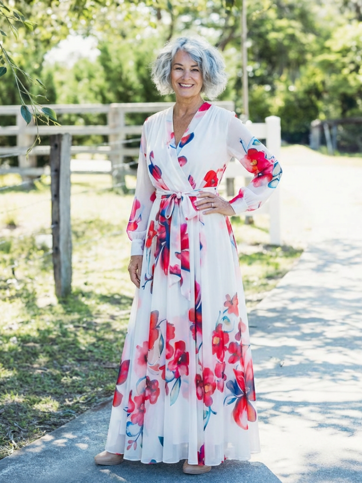 Lillian | Vestido Maxi Envoltura de Manga Larga Floral