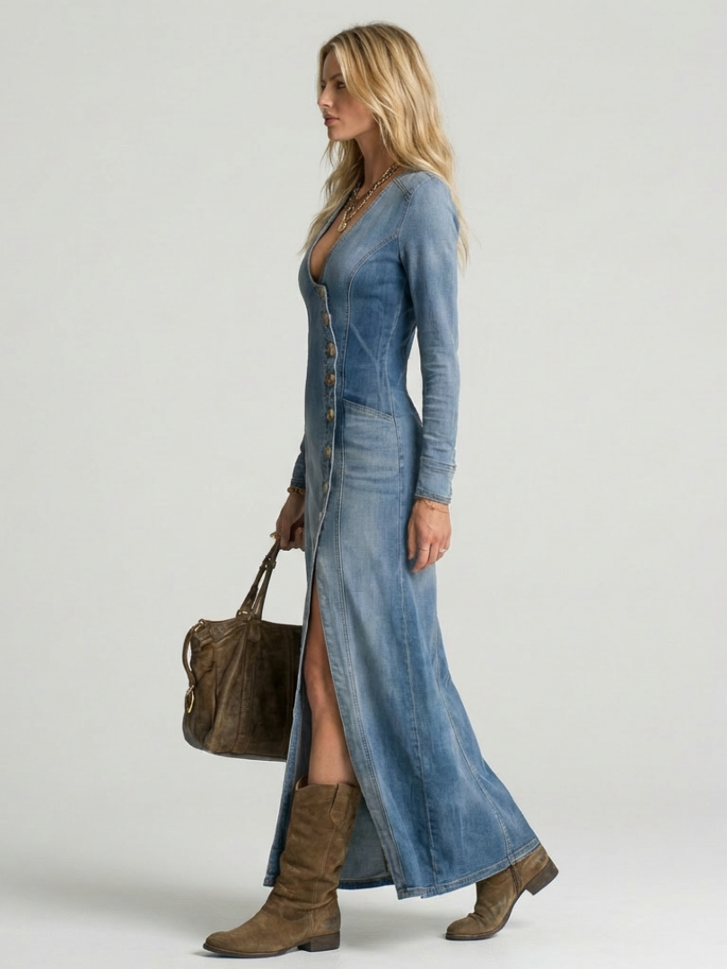 Sienna | Vestido Maxi de Denim con Botones en el Frente