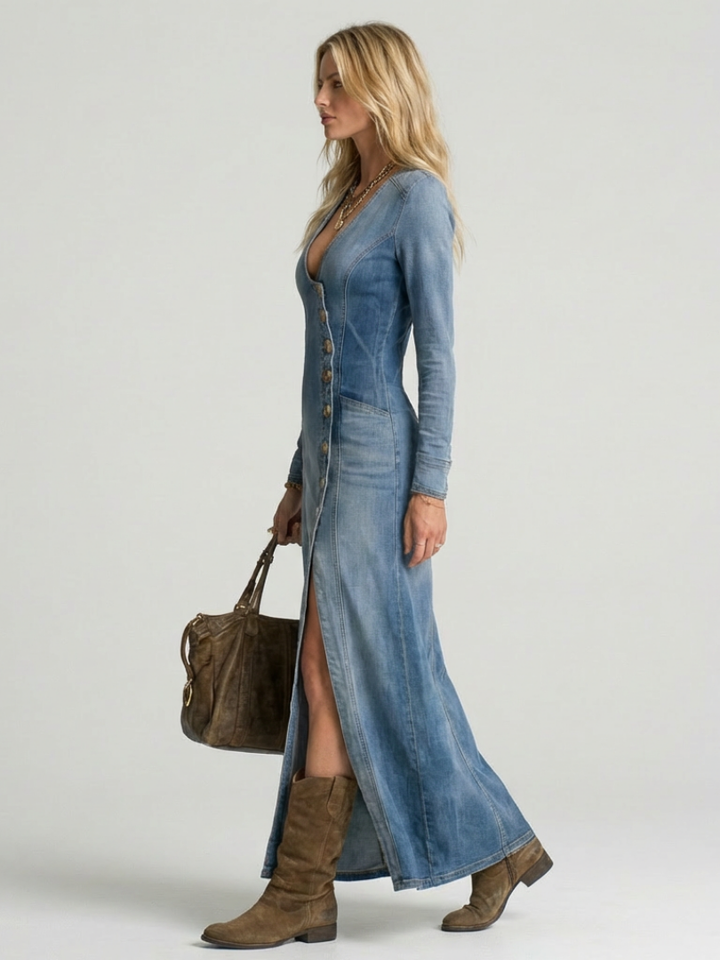Sienna | Vestido Maxi de Denim con Botones en el Frente