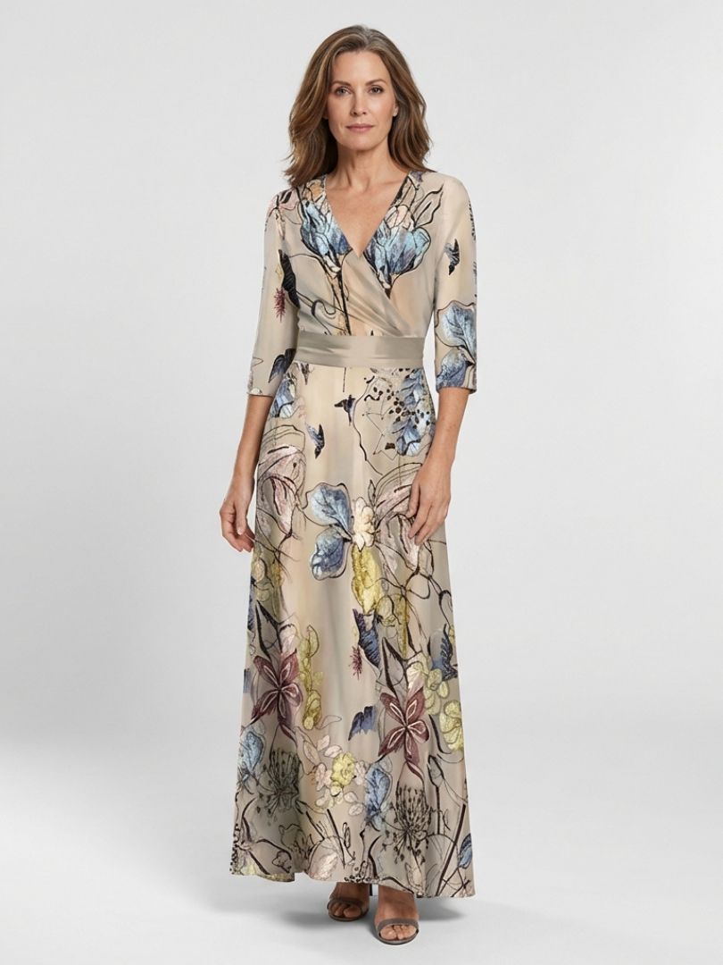 Margaret | Vestido Largo Envoltura Floral de Manga Tres Cuartos