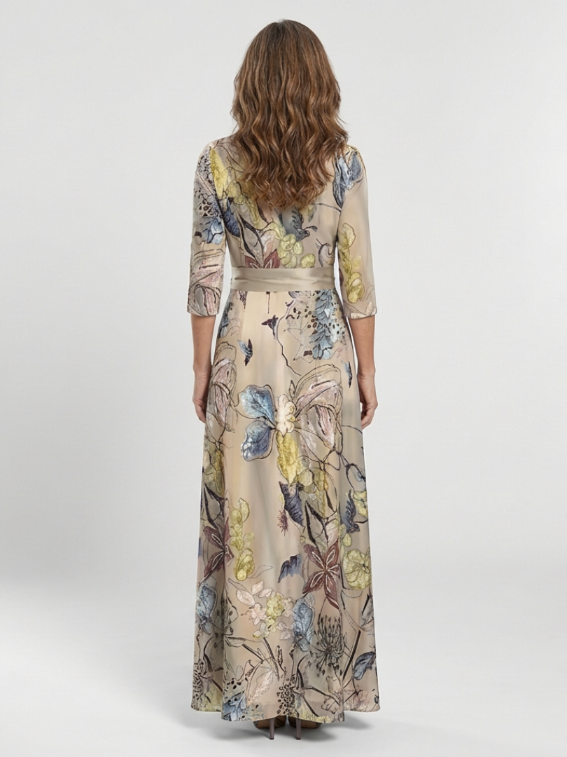 Margaret | Vestido Largo Envoltura Floral de Manga Tres Cuartos