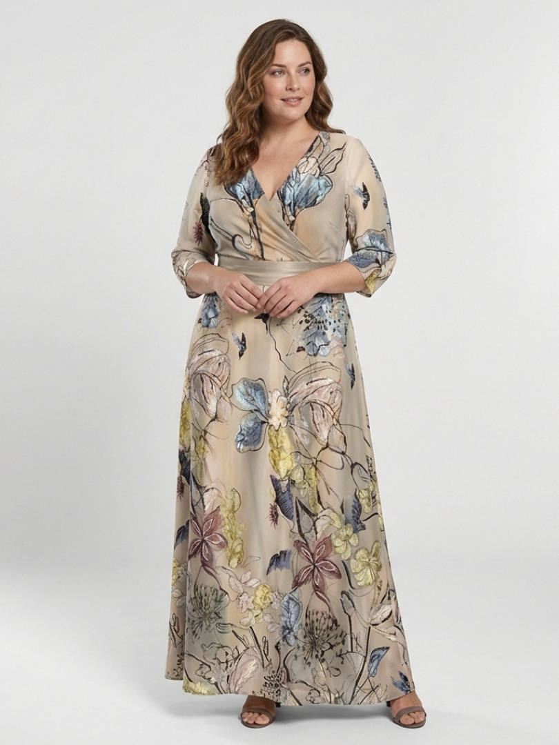 Margaret | Vestido Largo Envoltura Floral de Manga Tres Cuartos