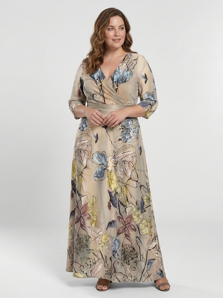 Margaret | Vestido Largo Envoltura Floral de Manga Tres Cuartos