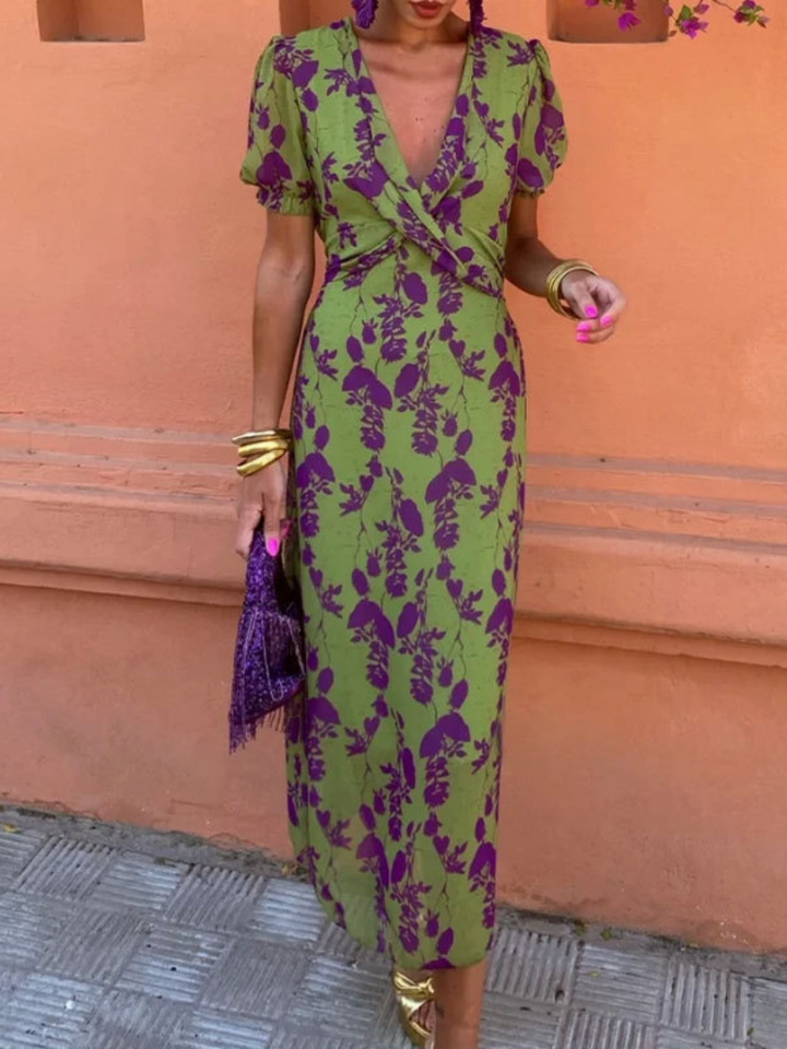 Clara | Vestido Midi Floral de Manga Corta con Escote en V