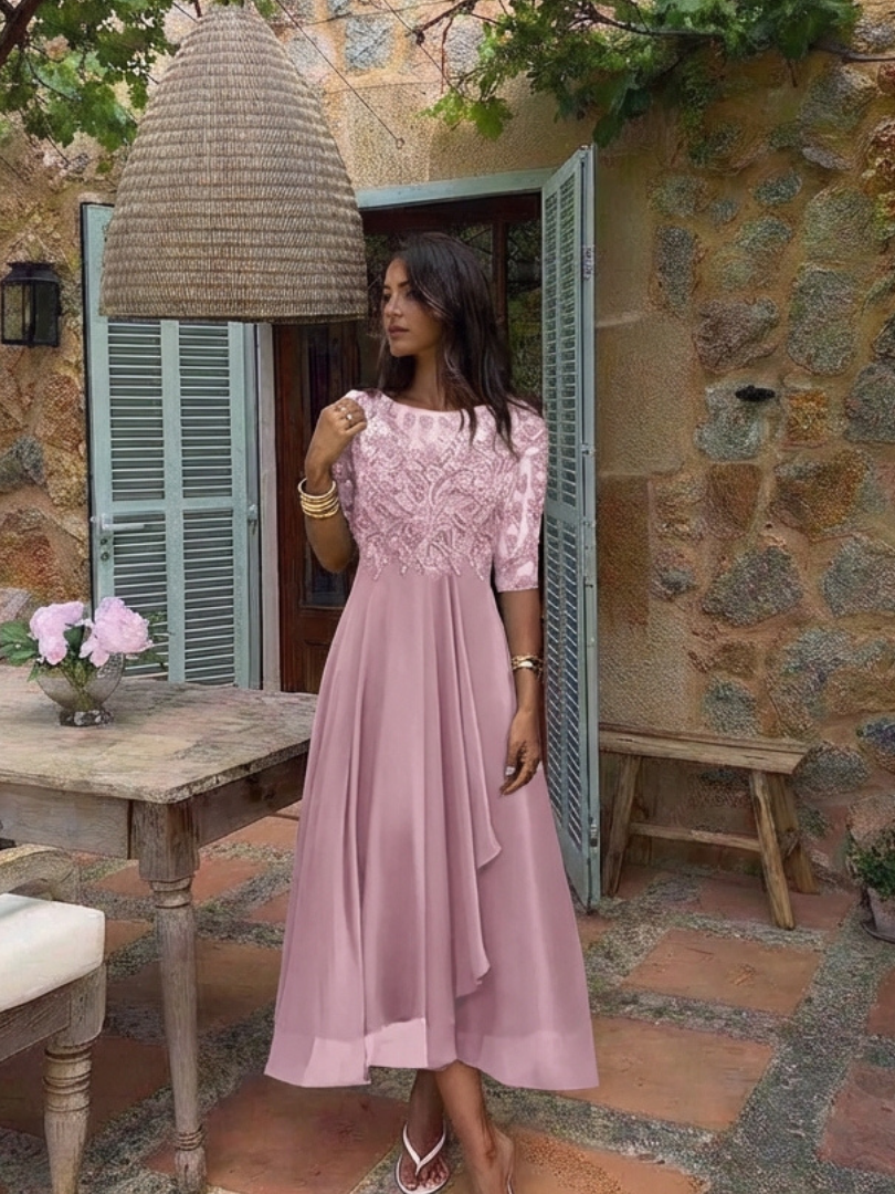 Vivian | Vestido Midi de Manga Tres Cuartos con Cuerpo de Encaje