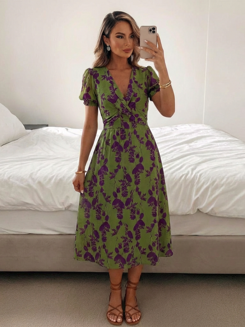 Clara | Vestido Midi Floral de Manga Corta con Escote en V