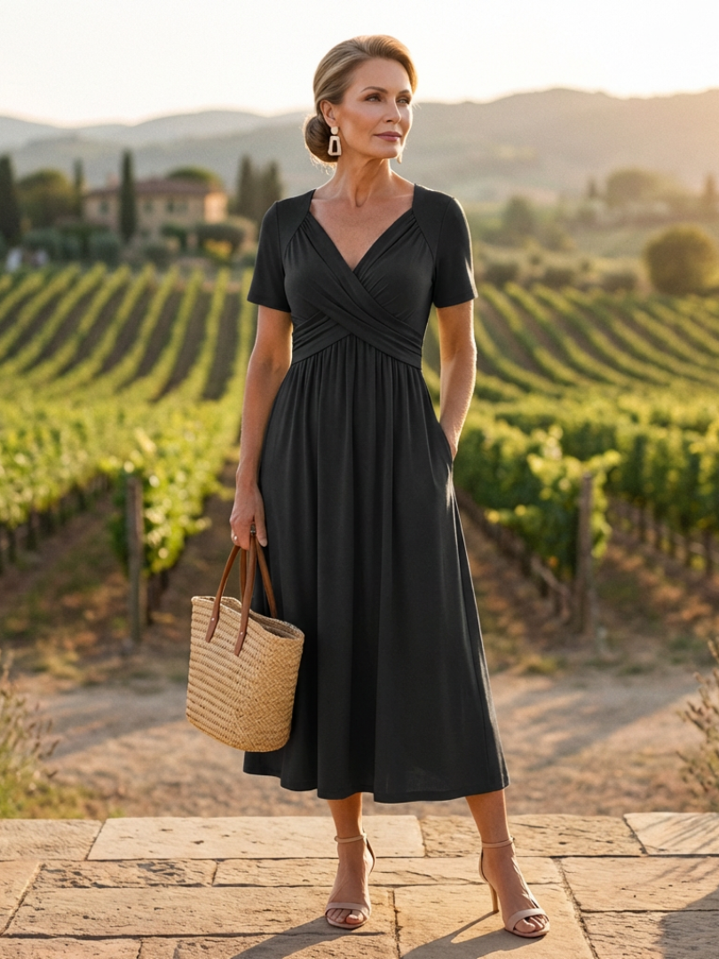 Marina | Vestido Maxi de Manga Corta con Escote en V
