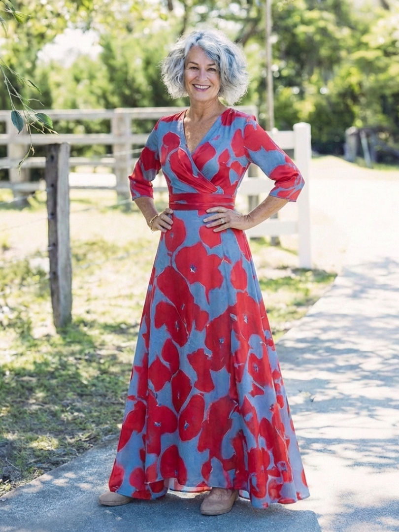 Danielle | Vestido Maxi Floral con Manga Tres Cuartos y Escote en V